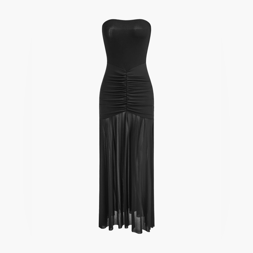NWT  Black Strapless Evening‎ Dress Pleated Small Flowy